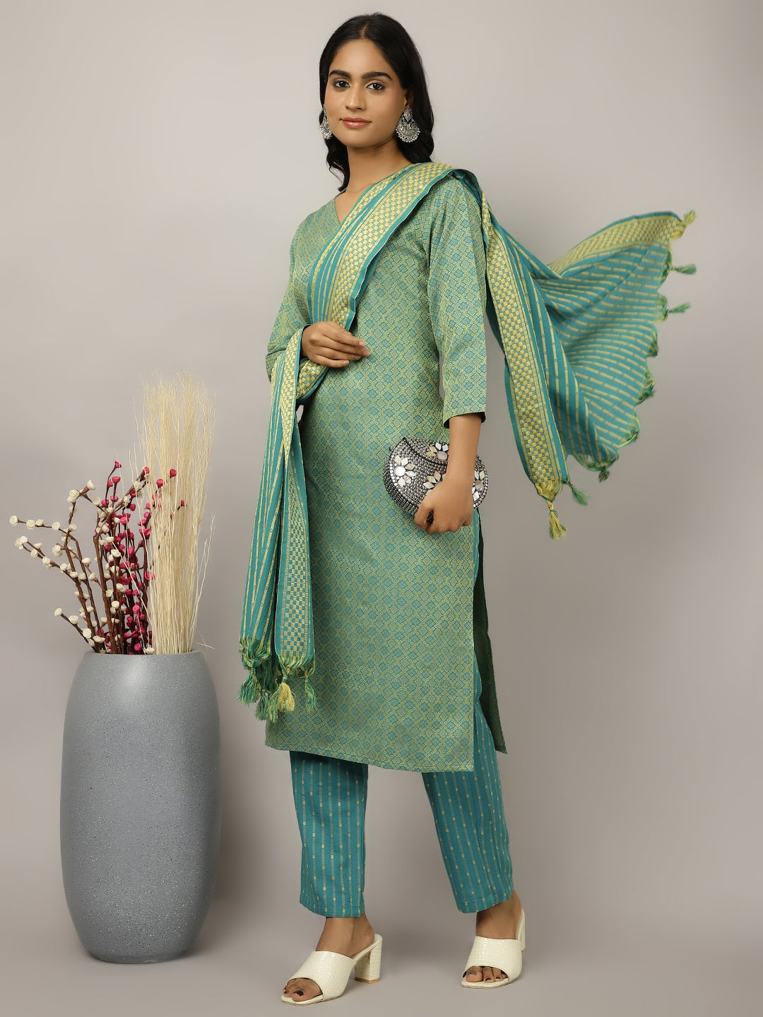 Sea Green Self-Design Festive Suit Set