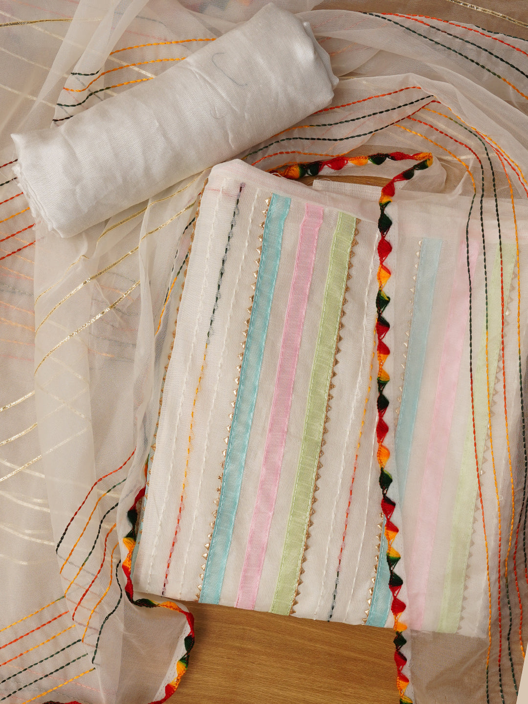 Off White Unstitched Embroidered Cotton Blend Dress Material With Dupatta