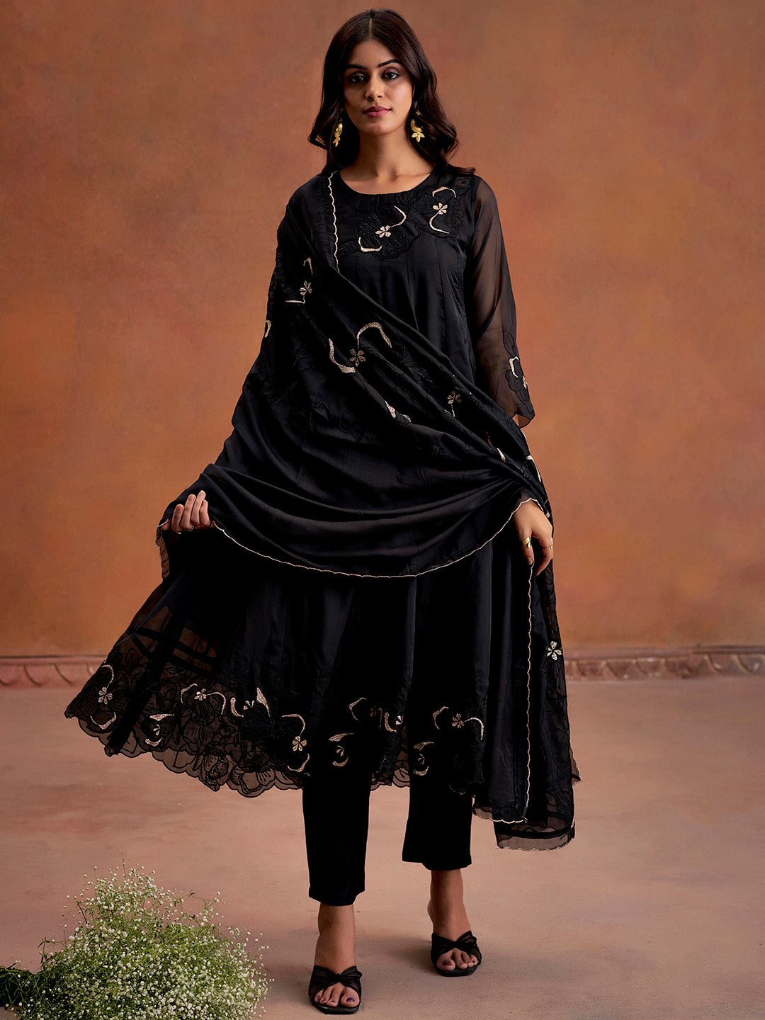 Black Patchwork Embroidered Festive Anarkali Kurta Set With Dupatta