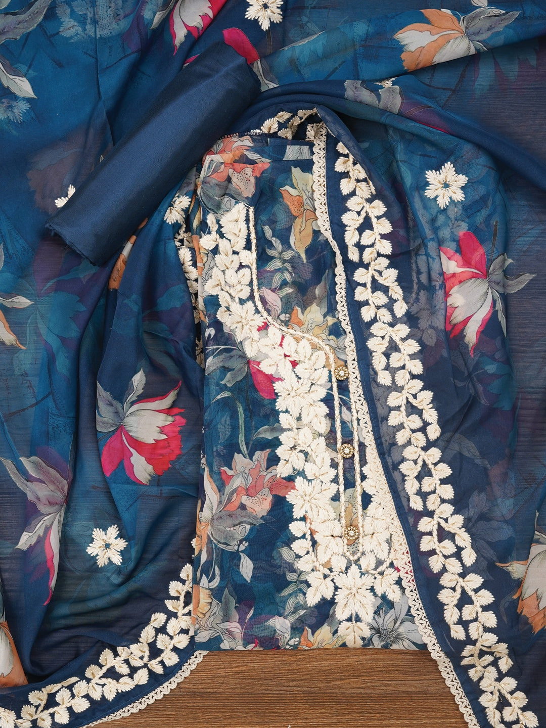 Navy Blue Lucknowi Embroidered Organza Dress Material with Dupatta