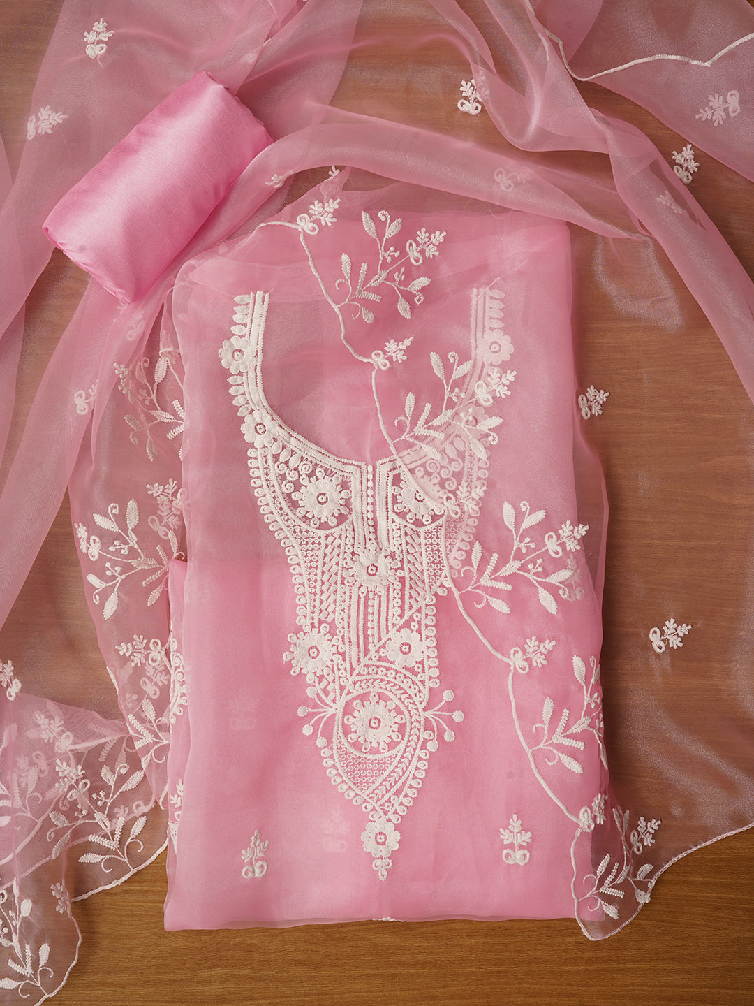 Baby Pink Embroidered Organza Dress Material with Dupatta