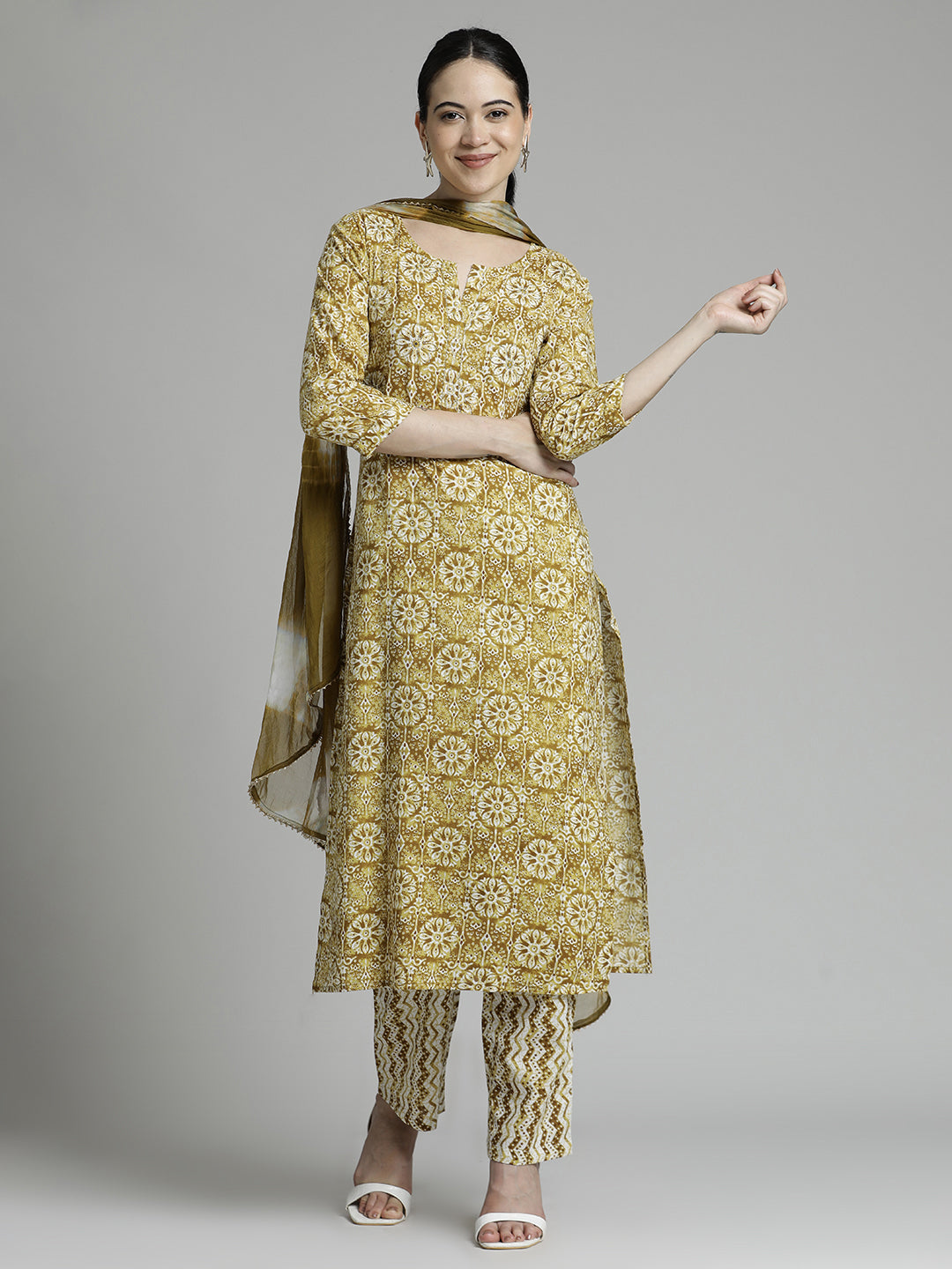 Mustard Ethnic Printed Pure Cotton Suit Set