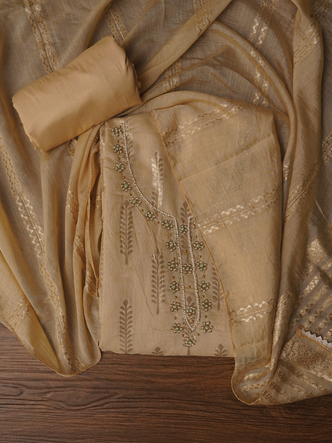 Beige Unstitched Zari Silk Blend Dress Material With Dupatta