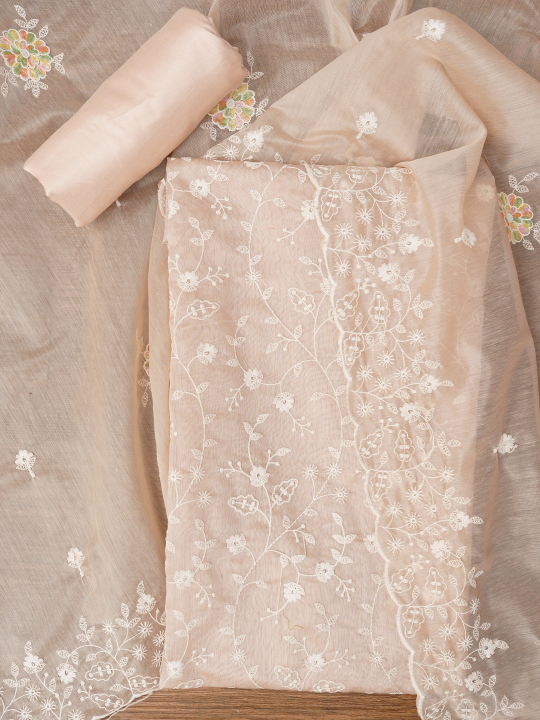 Rose Gold Cotton Lucknowi Embroidered Dress Material with Dupatta