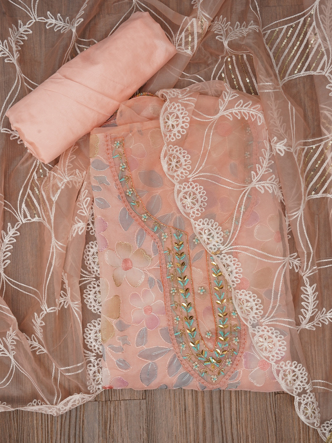 Peach Floral Embroidered Organza Dress Material with Dupatta