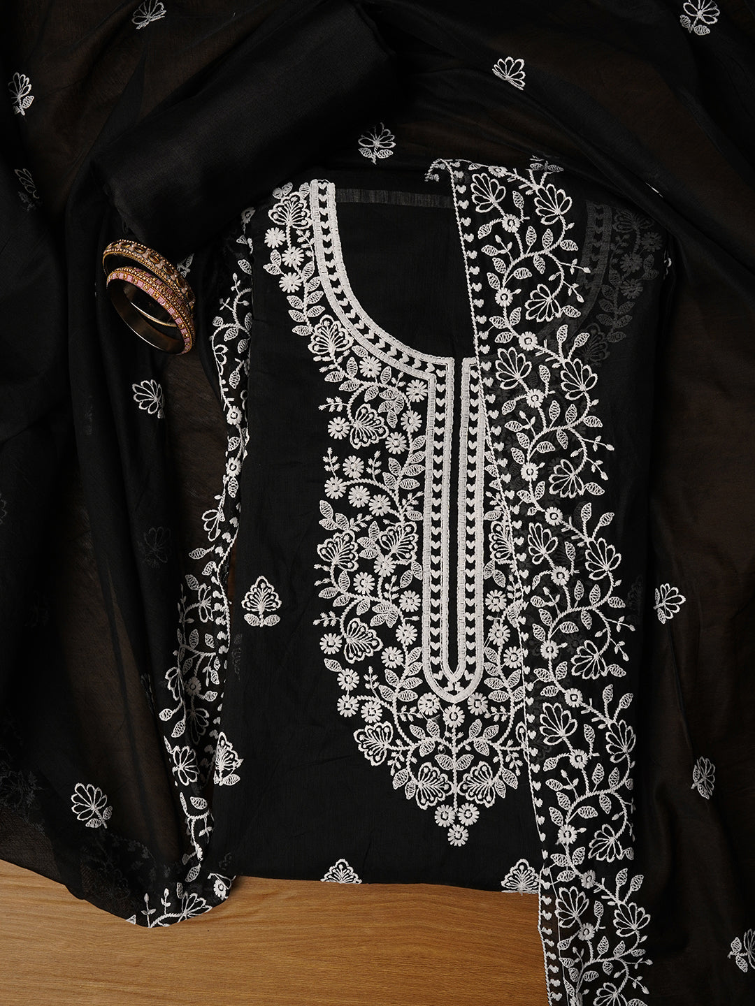 Unstitched Black Embroidered Cotton Blend Dress Material With Dupatta