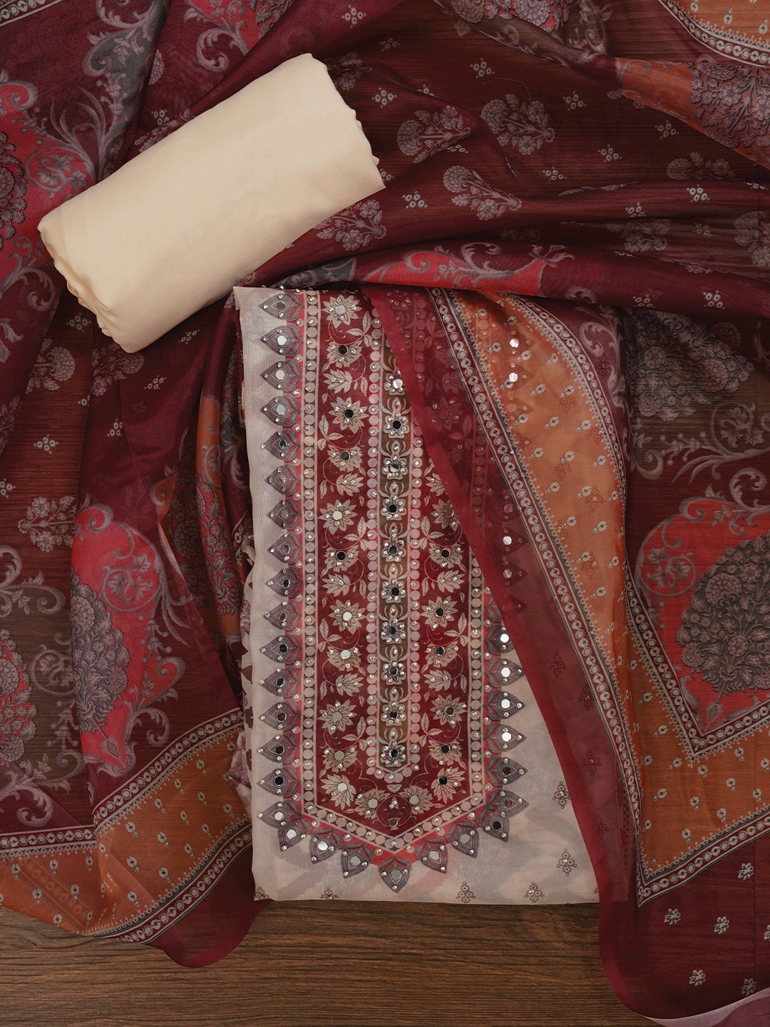 Multicolor Floral Printed Organza Dress Material With Dupatta