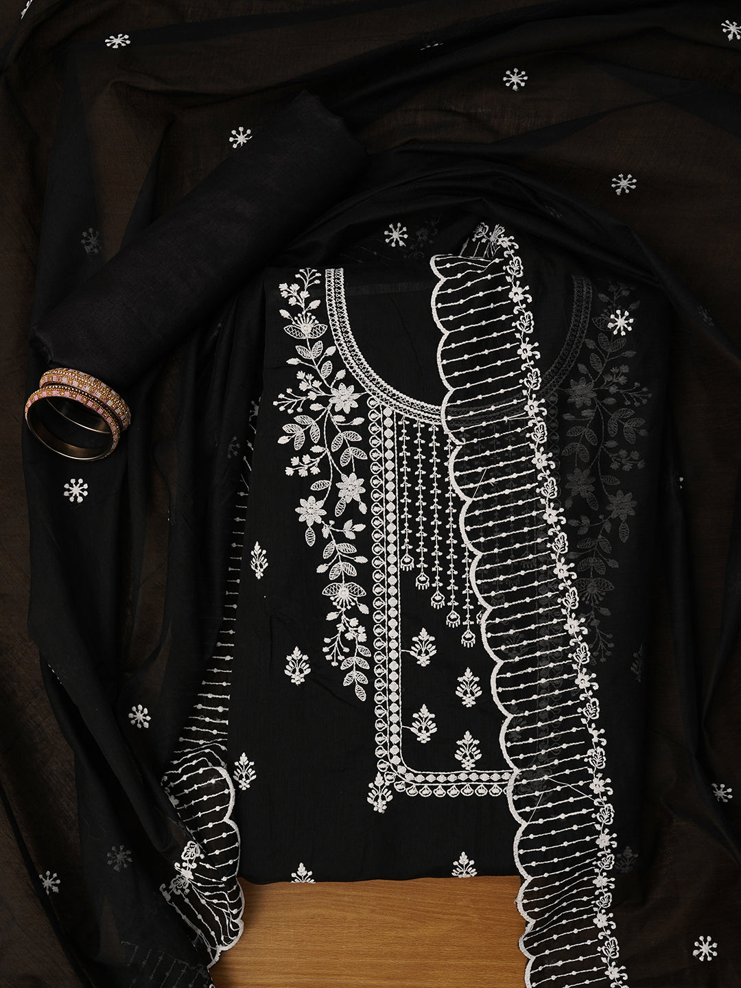 Unstitched Embroidered Cotton Blend Black Dress Material With Dupatta