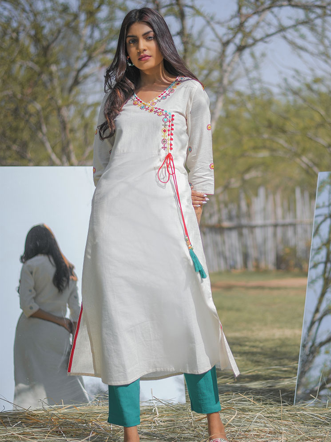 Off-White Embroidered A-Line Cotton Blend Angrakha Kurta