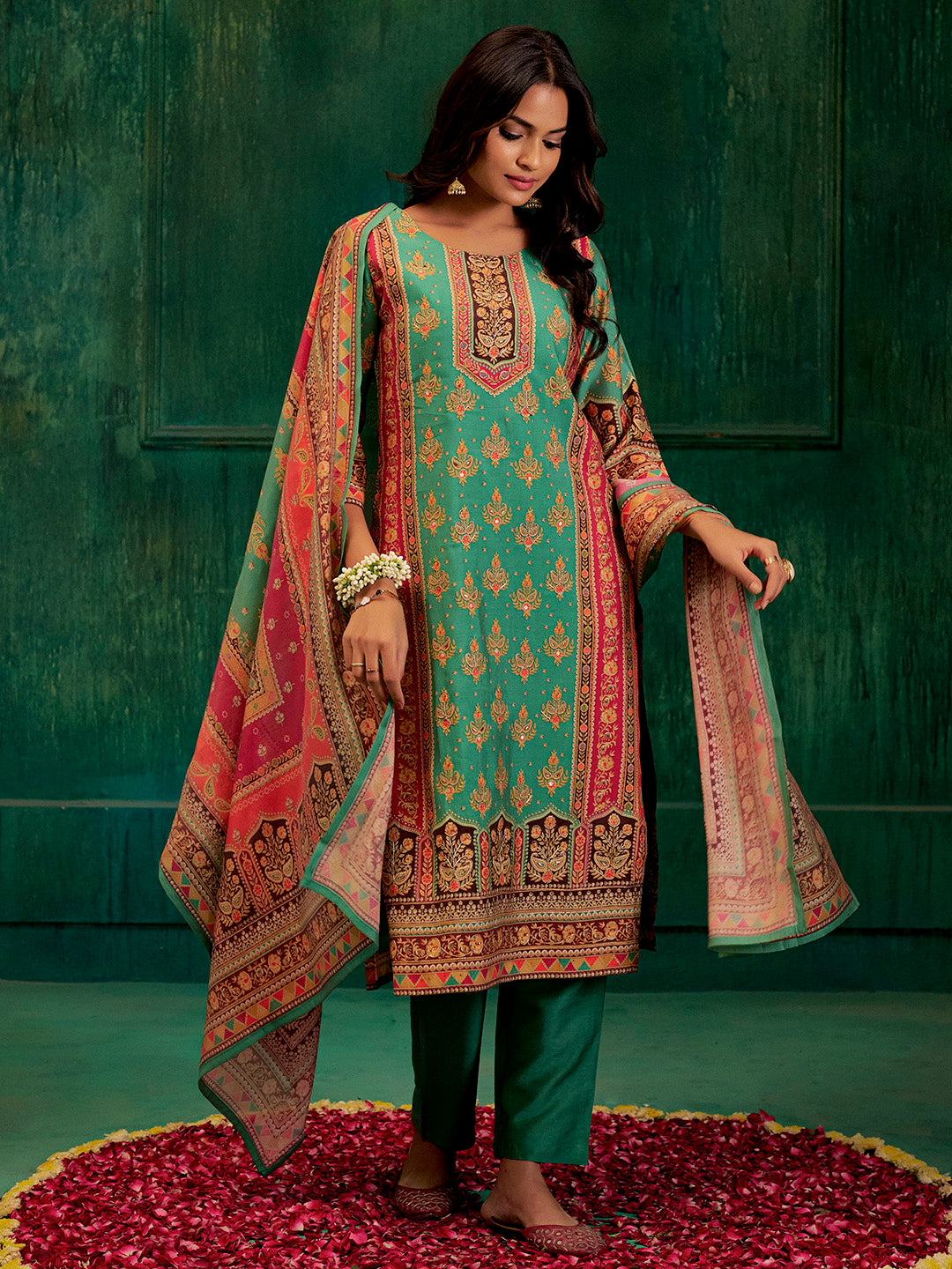 Sea Green Embellished Ethnic Printed Festive Kurta Set With Dupatta