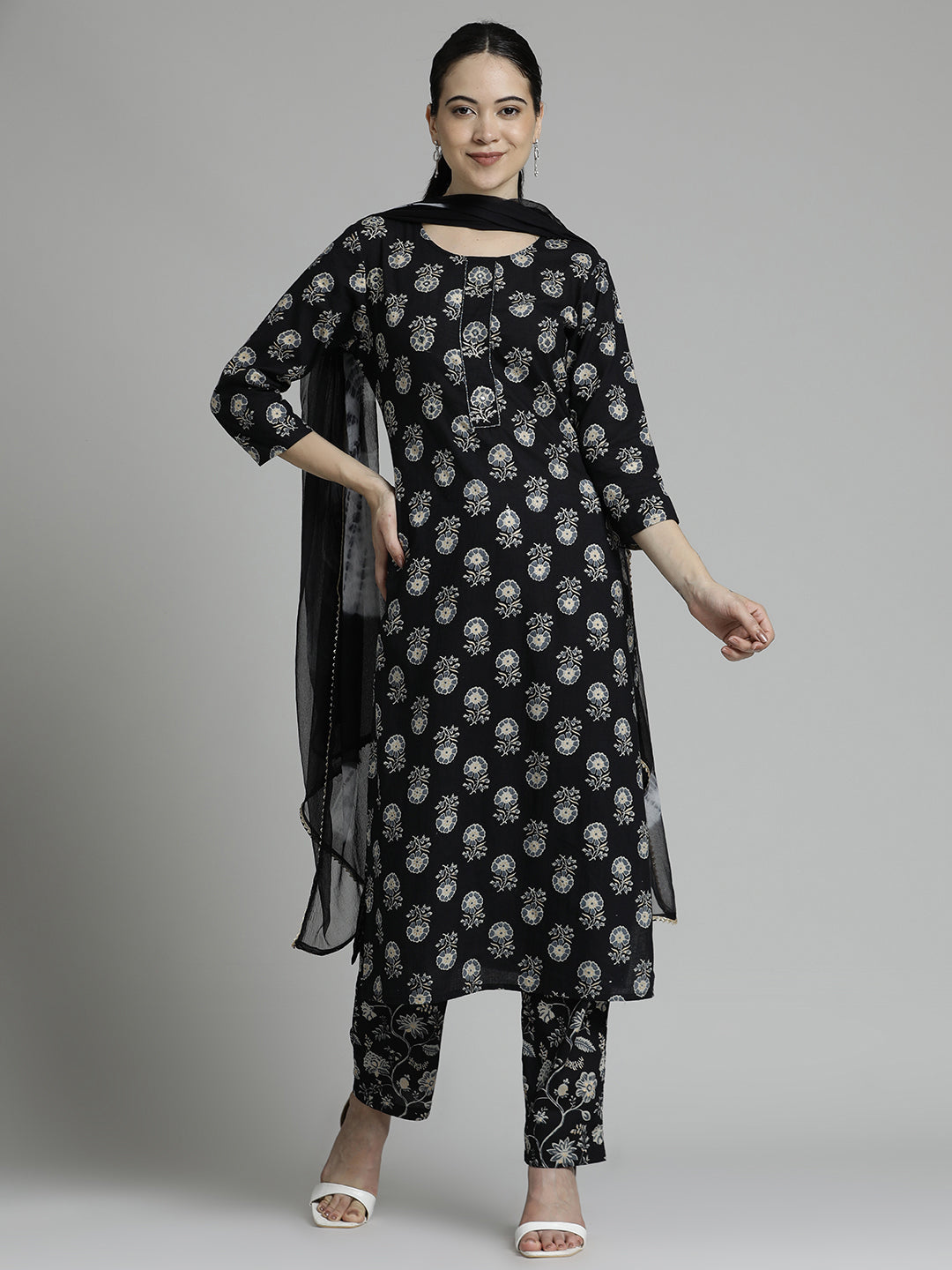 Ethnic Printed Cotton Black Kurta Set With Dupatta