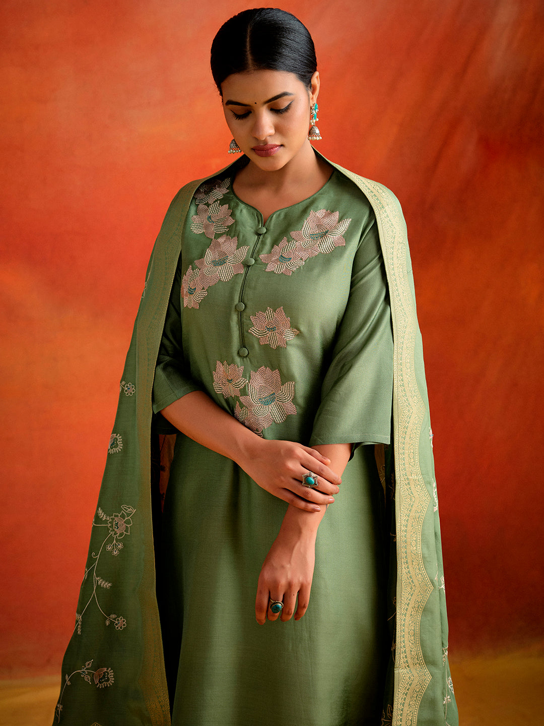 Green Hand Embroidered Festive Kurta Set With Dupatta