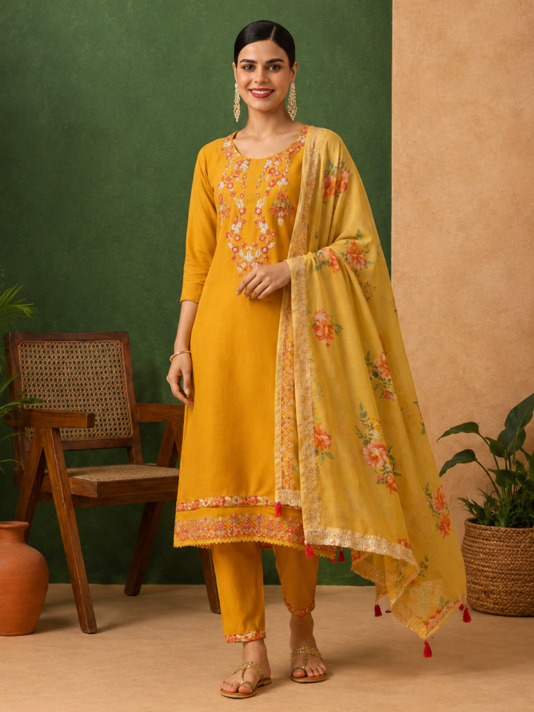 Floral Embroidered Straight Kurta & Trousers Sets