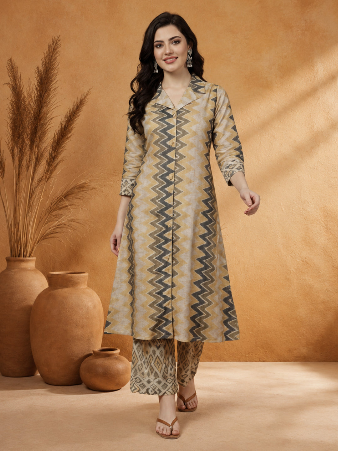 Green Geometric Printed A-line Kurta With Palazzo