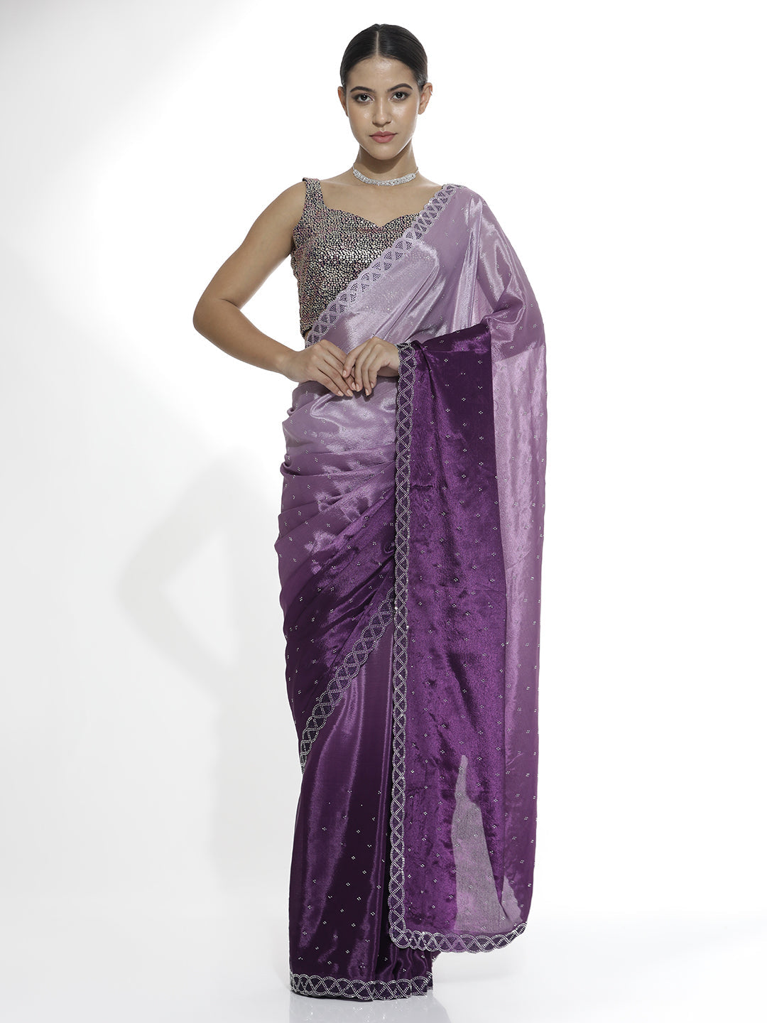 Satin Siroski Work Party Wear Lavender Saree