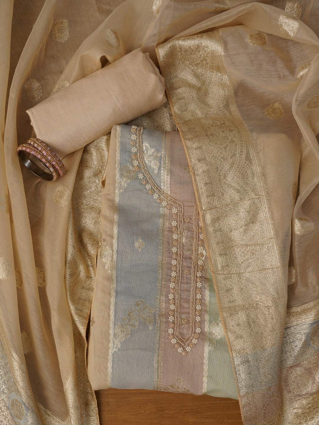 Multicolor Unstitched Woven Design Silk Blend Dress Material With Dupatta