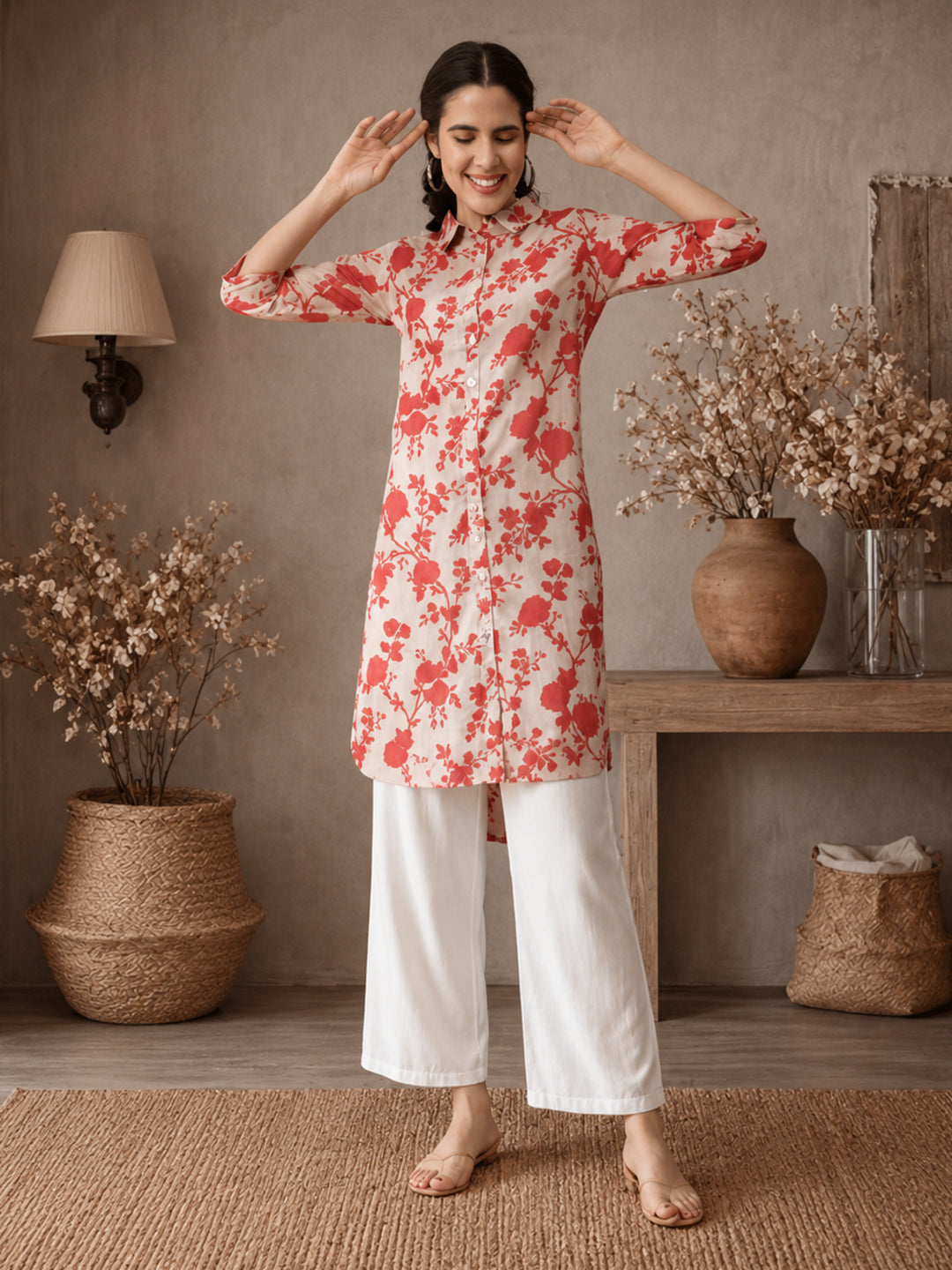 Floral Beige Collared Kurta