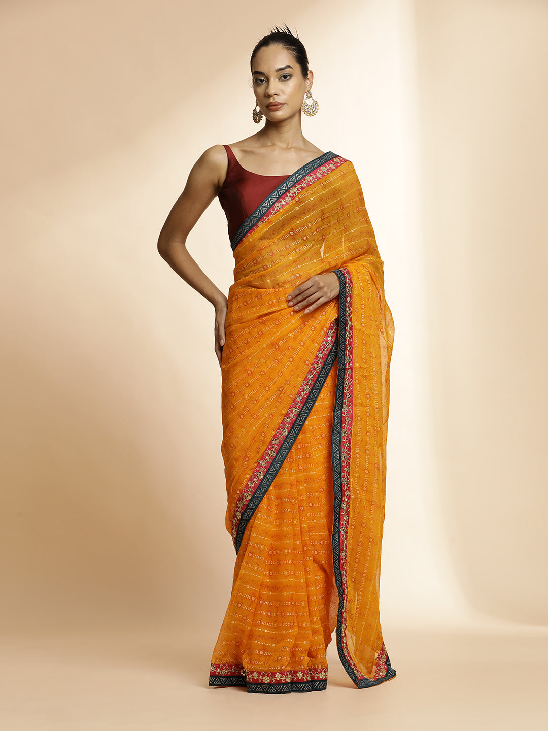 Orange Printed Lightweight Georgette Saree