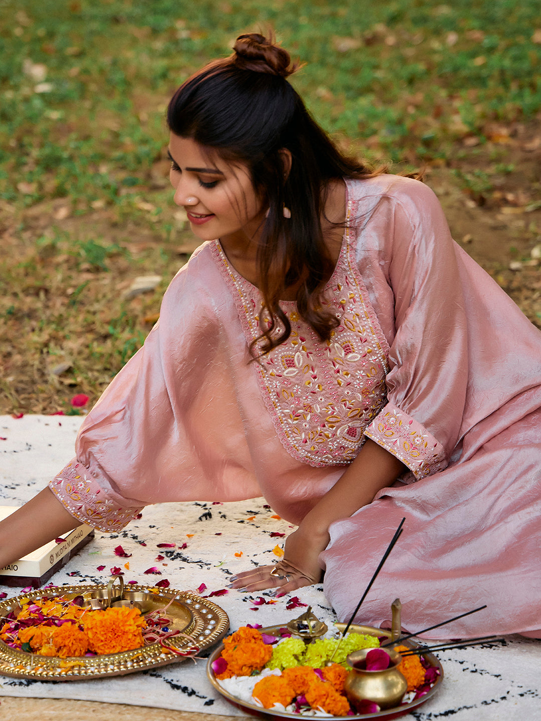 Floral Embroidered Kaftan Organza Kurta & Trousers Sets