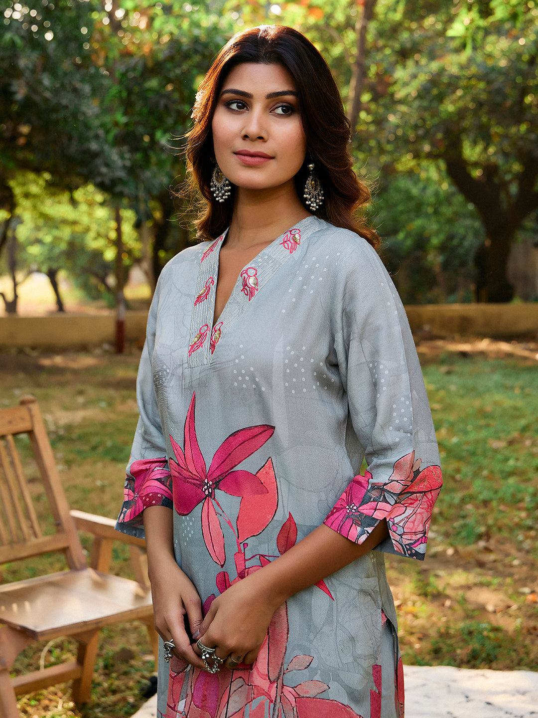 Embroidered Straight Kurta & Trousers Sets