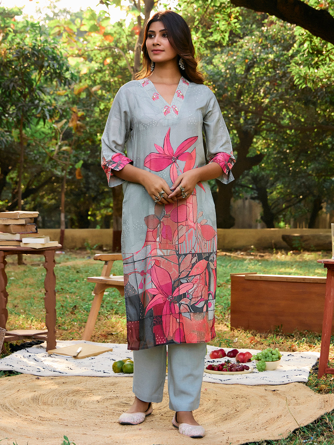Embroidered Straight Kurta & Trousers Sets