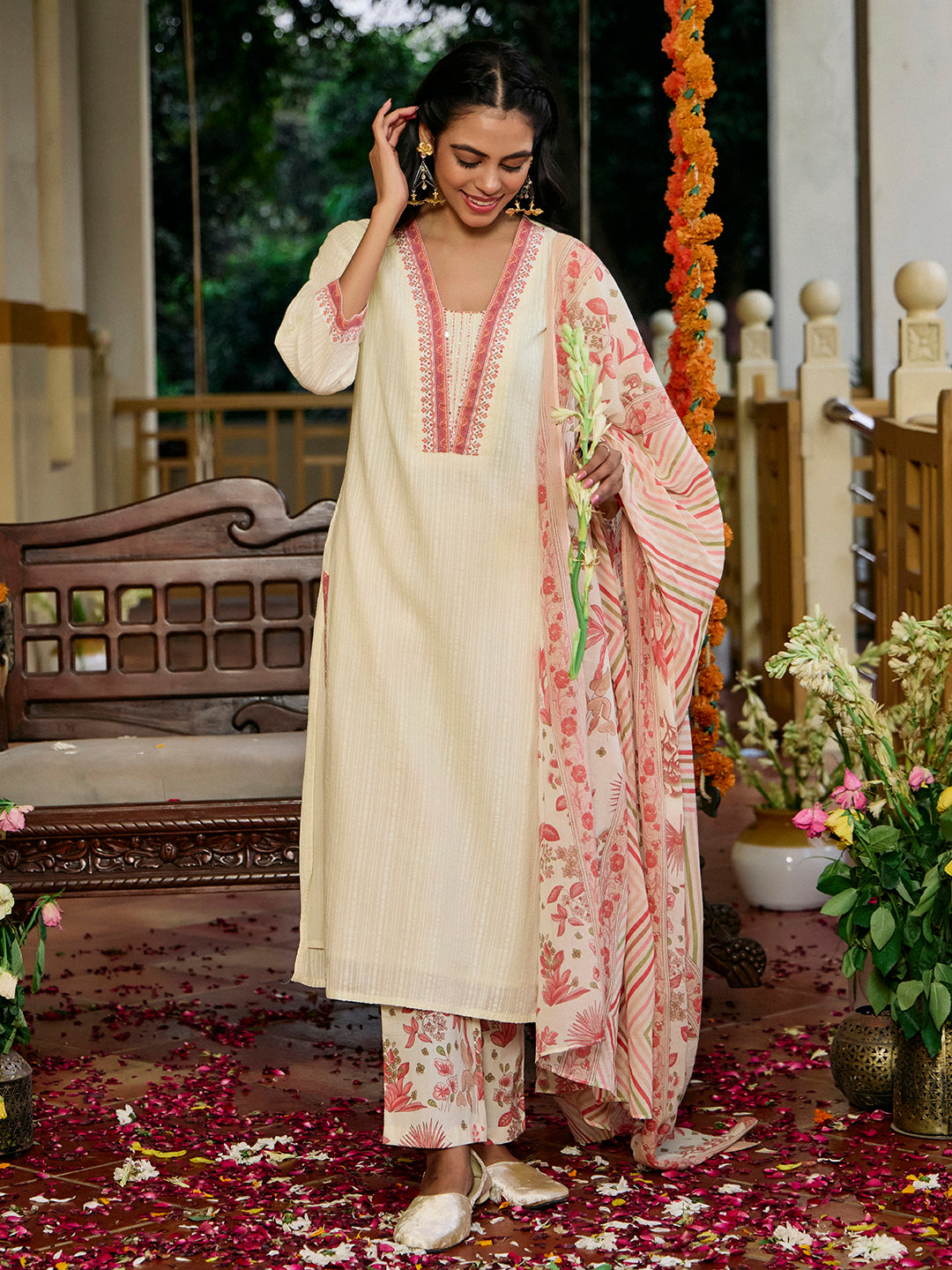 Printed A-Line Cotton Blend Kurta & Trousers Sets
