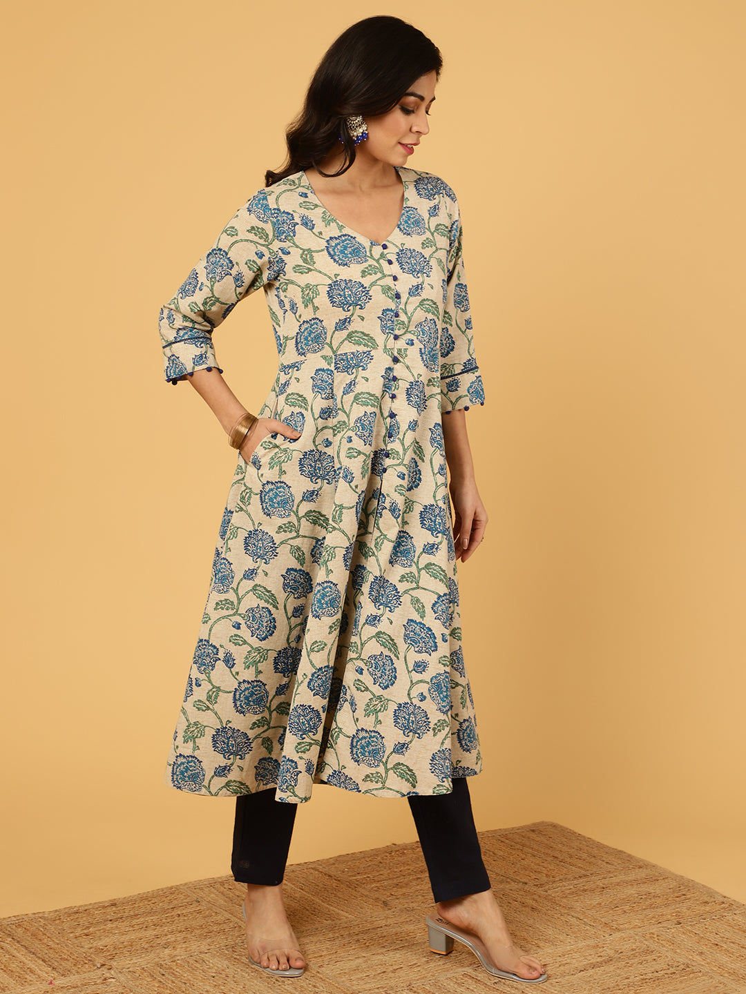 Blue Floral Print Cotton Anarkali Kurta