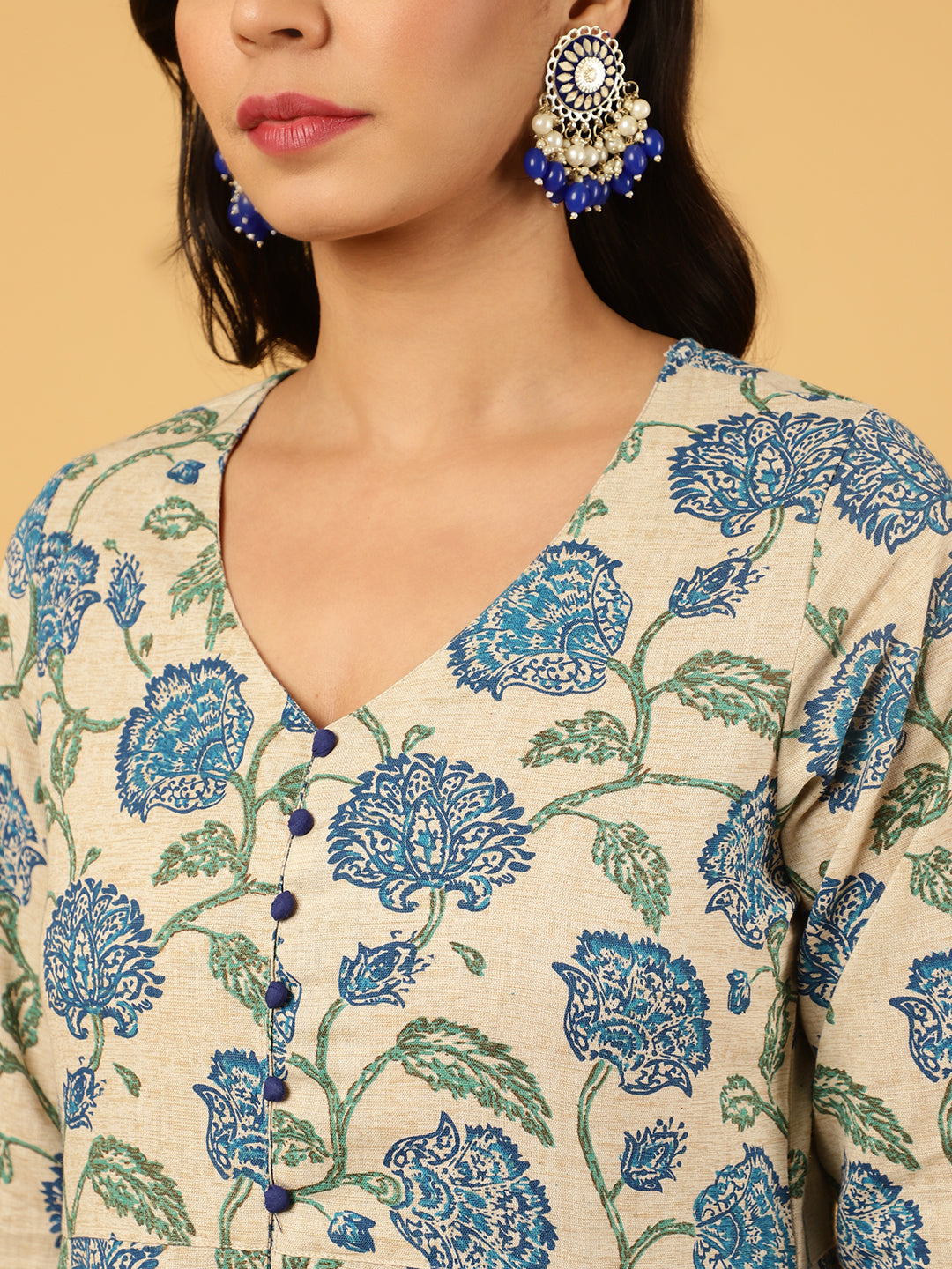 Blue Floral Print Cotton Anarkali Kurta