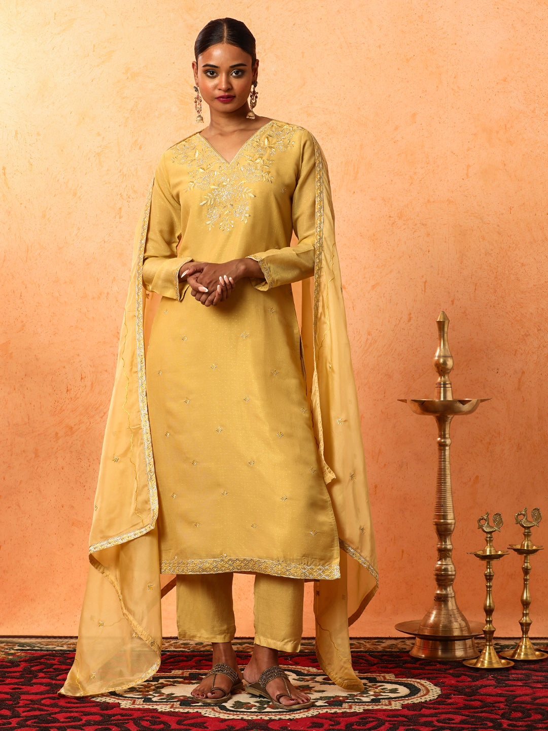 Floral Embroidered Straight Organza Kurta & Trousers Sets
