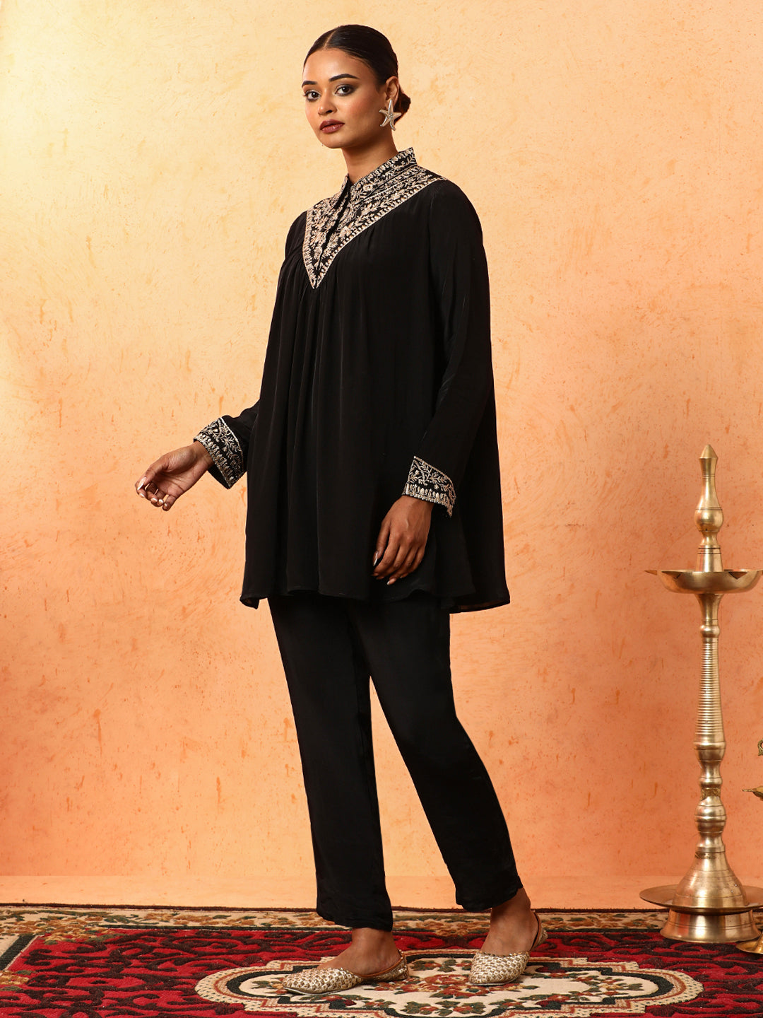 Solid Embroidered A-Line Kurta & Trousers Sets