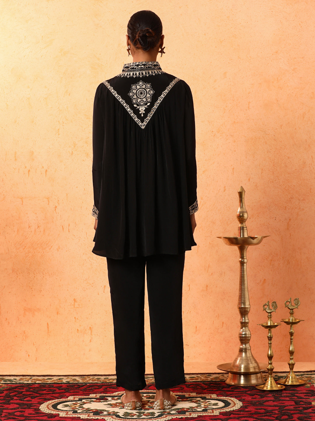 Solid Embroidered A-Line Kurta & Trousers Sets