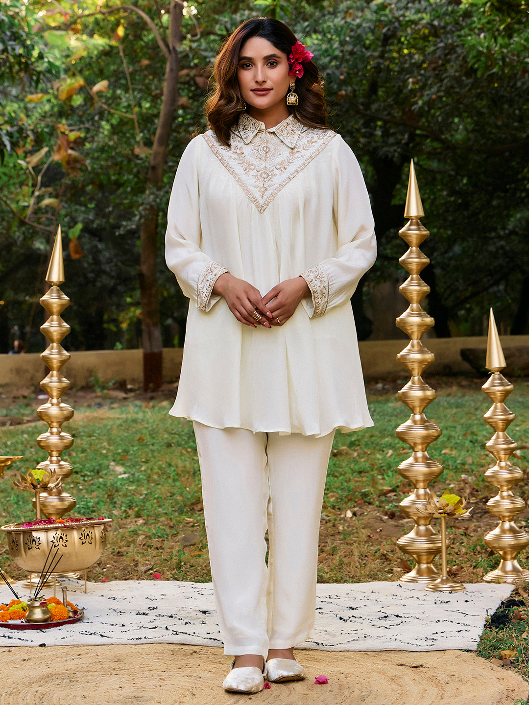 Solid Embroidered A-Line Kurta & Trousers Sets
