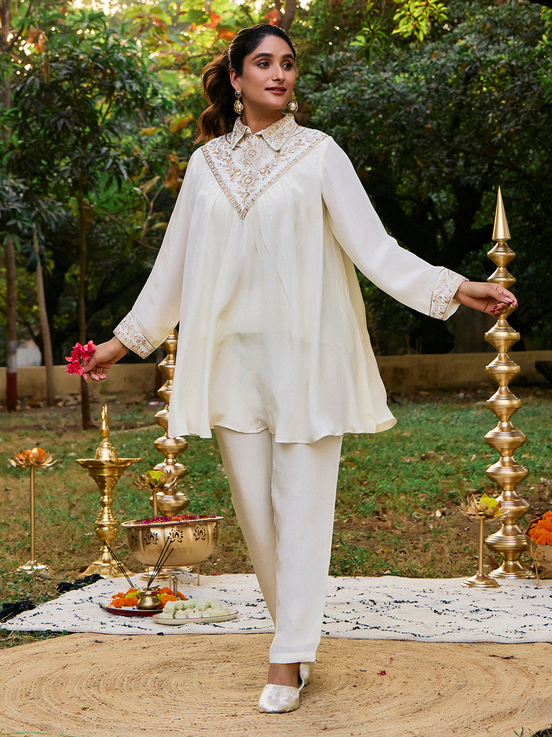 Solid Embroidered A-Line Kurta & Trousers Sets