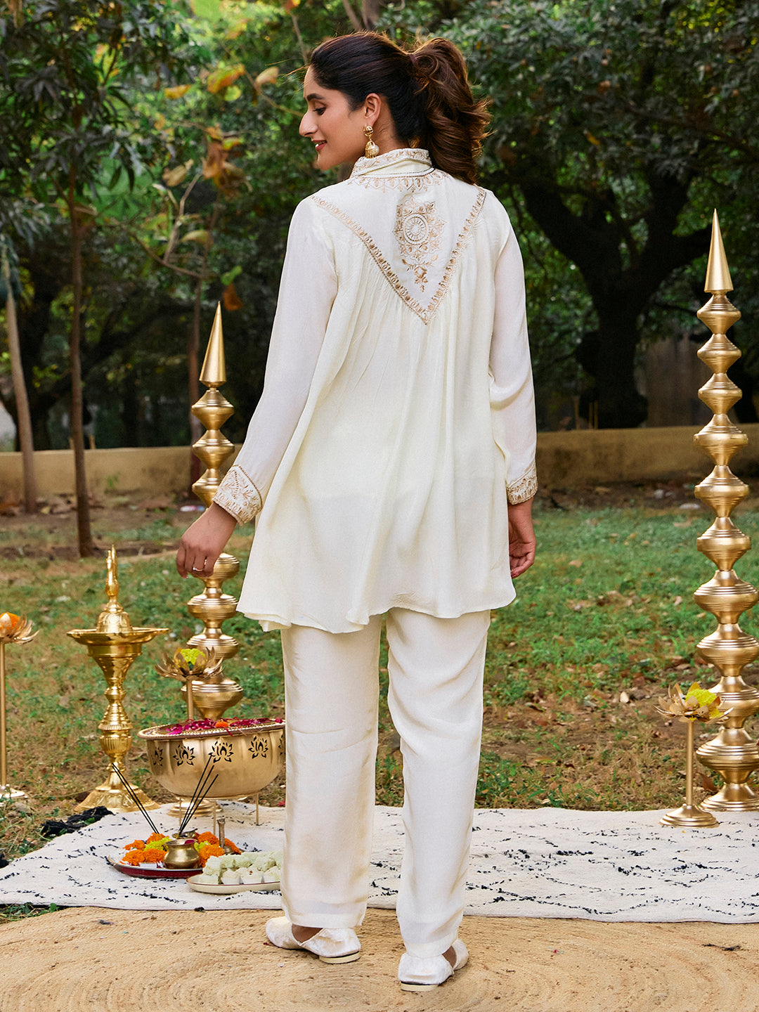 Solid Embroidered A-Line Kurta & Trousers Sets