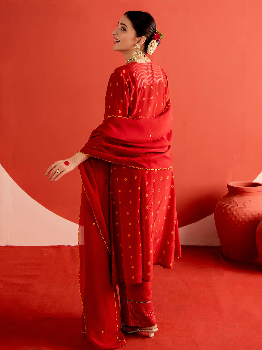 Bandhani Embroidered A-Line Poly Crepe Kurta & Trousers Sets