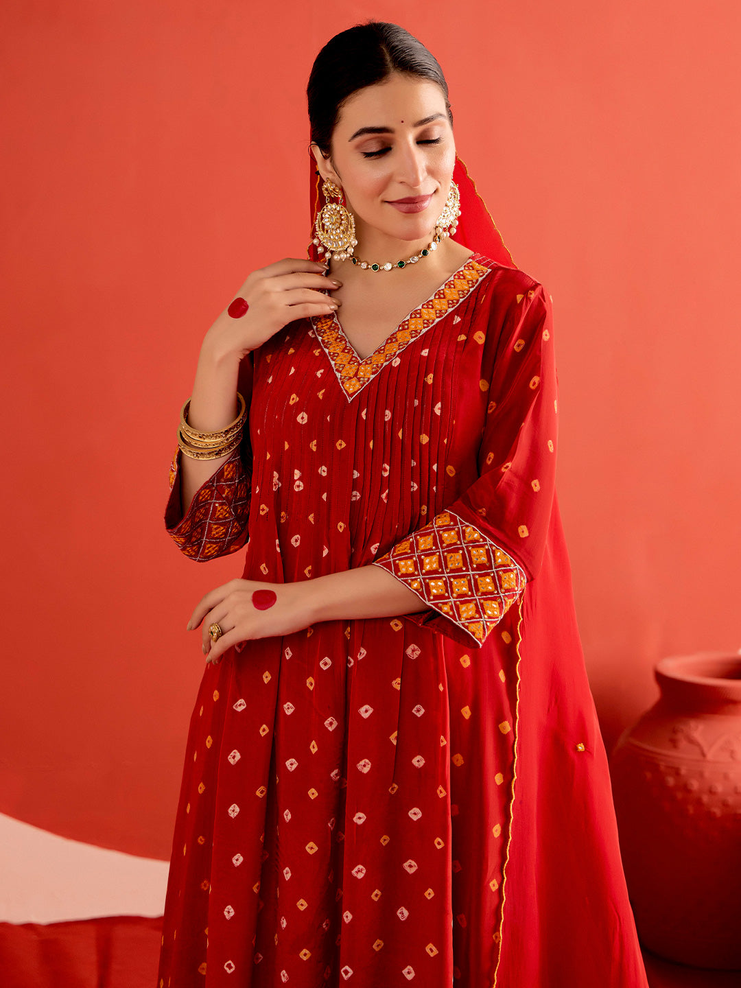 Bandhani Embroidered A-Line Poly Crepe Kurta & Trousers Sets