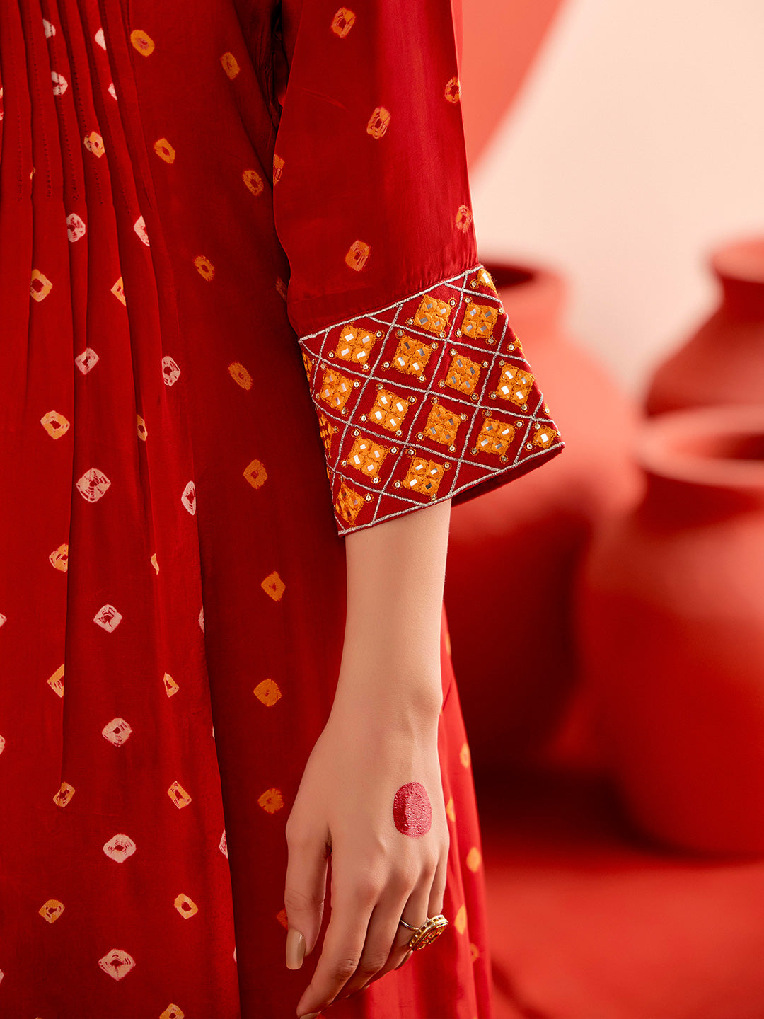 Bandhani Embroidered A-Line Poly Crepe Kurta & Trousers Sets