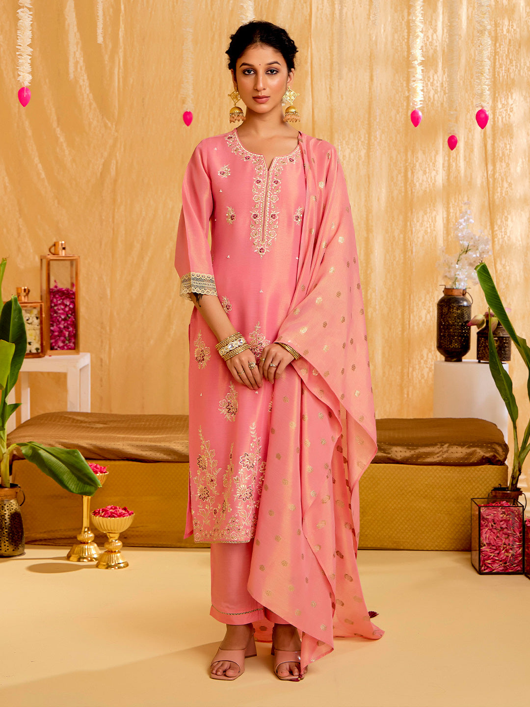 Floral Embroidered Straight Tissue Kurta & Trousers Sets