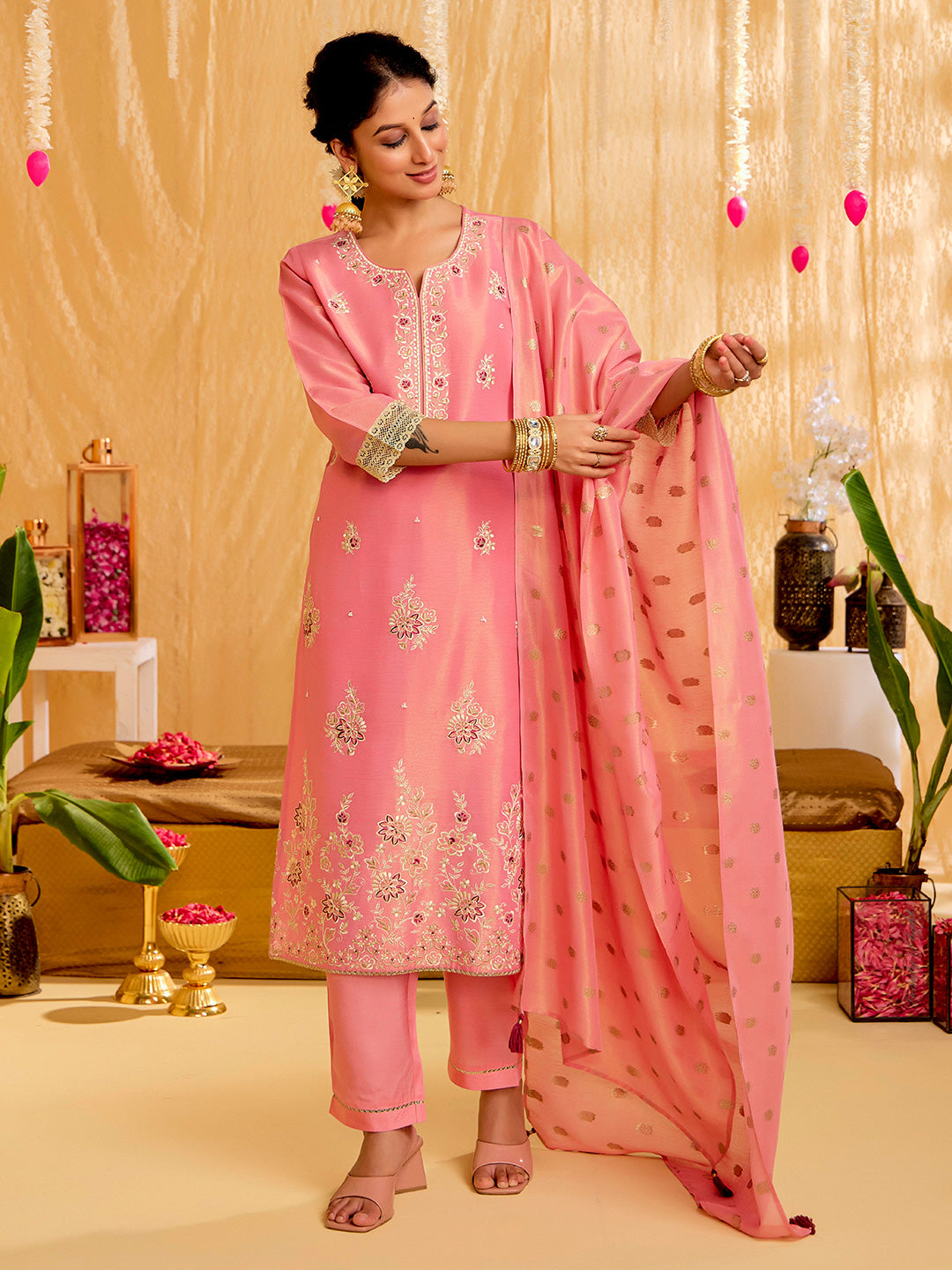 Floral Embroidered Straight Tissue Kurta & Trousers Sets