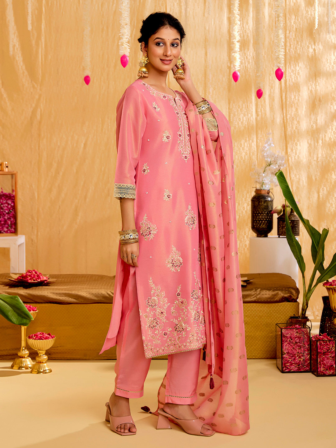 Floral Embroidered Straight Tissue Kurta & Trousers Sets