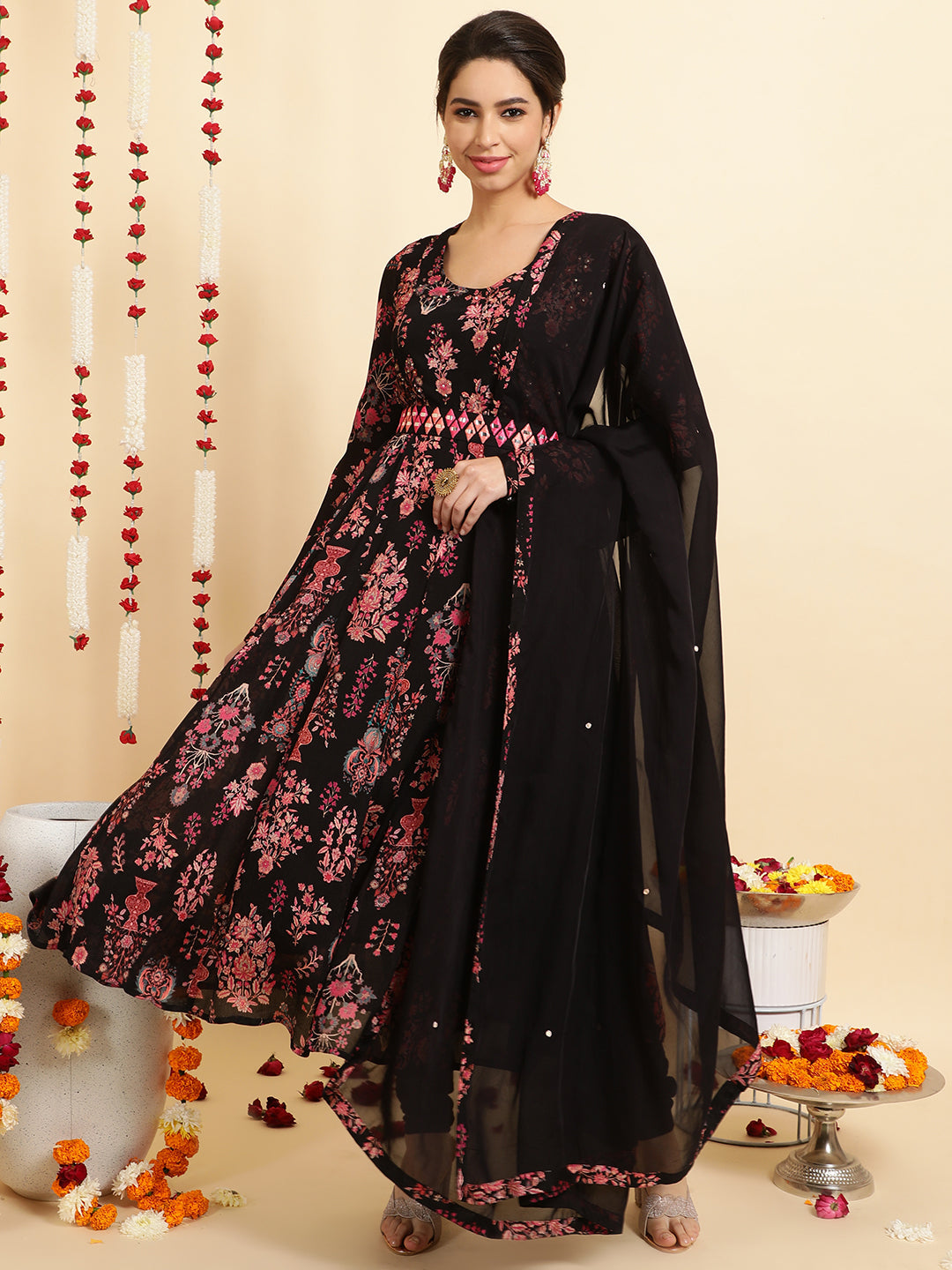 Floral Embroidered A-Line Chinon Kurta & Trousers Sets