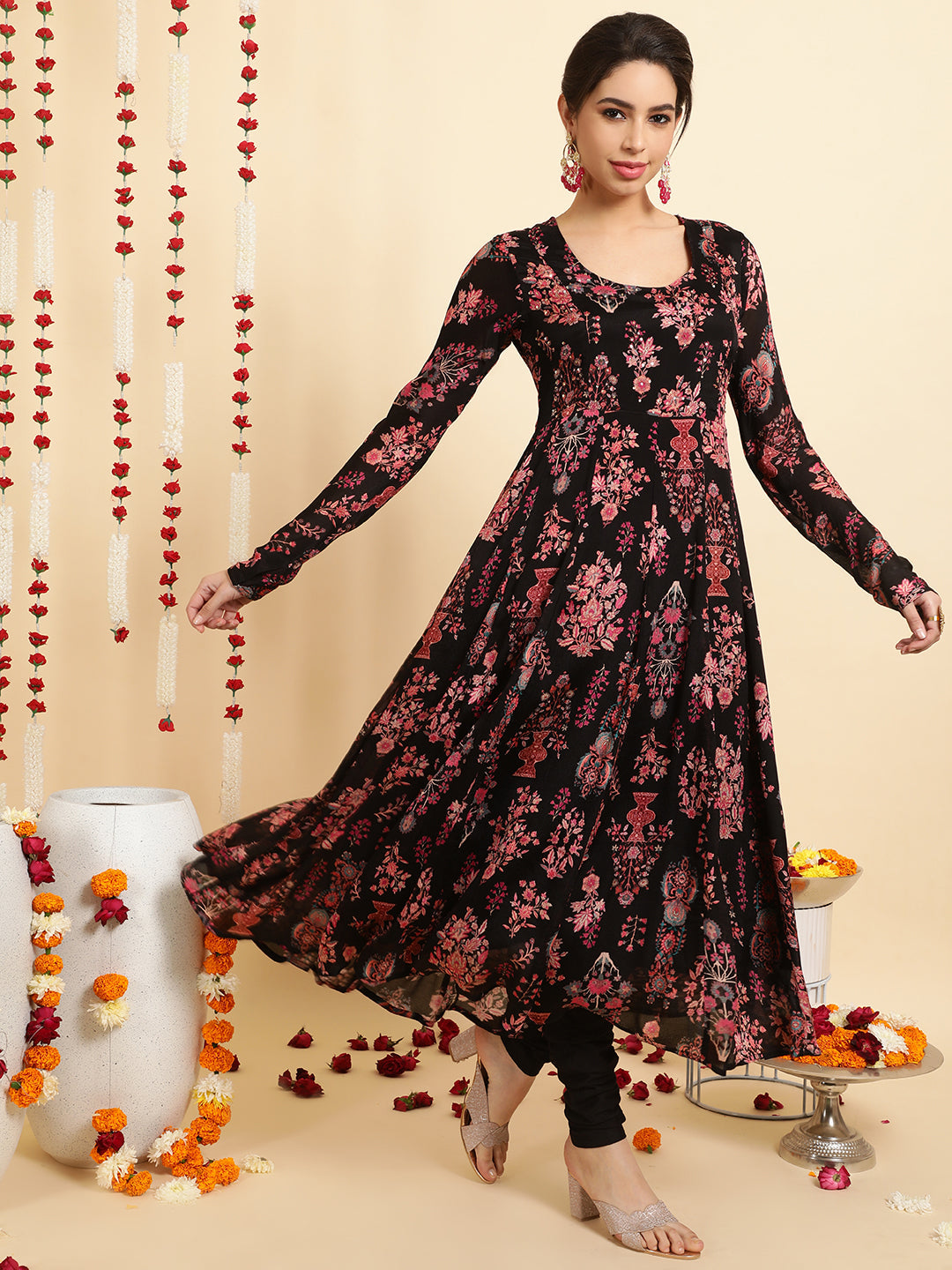 Floral Embroidered A-Line Chinon Kurta & Trousers Sets