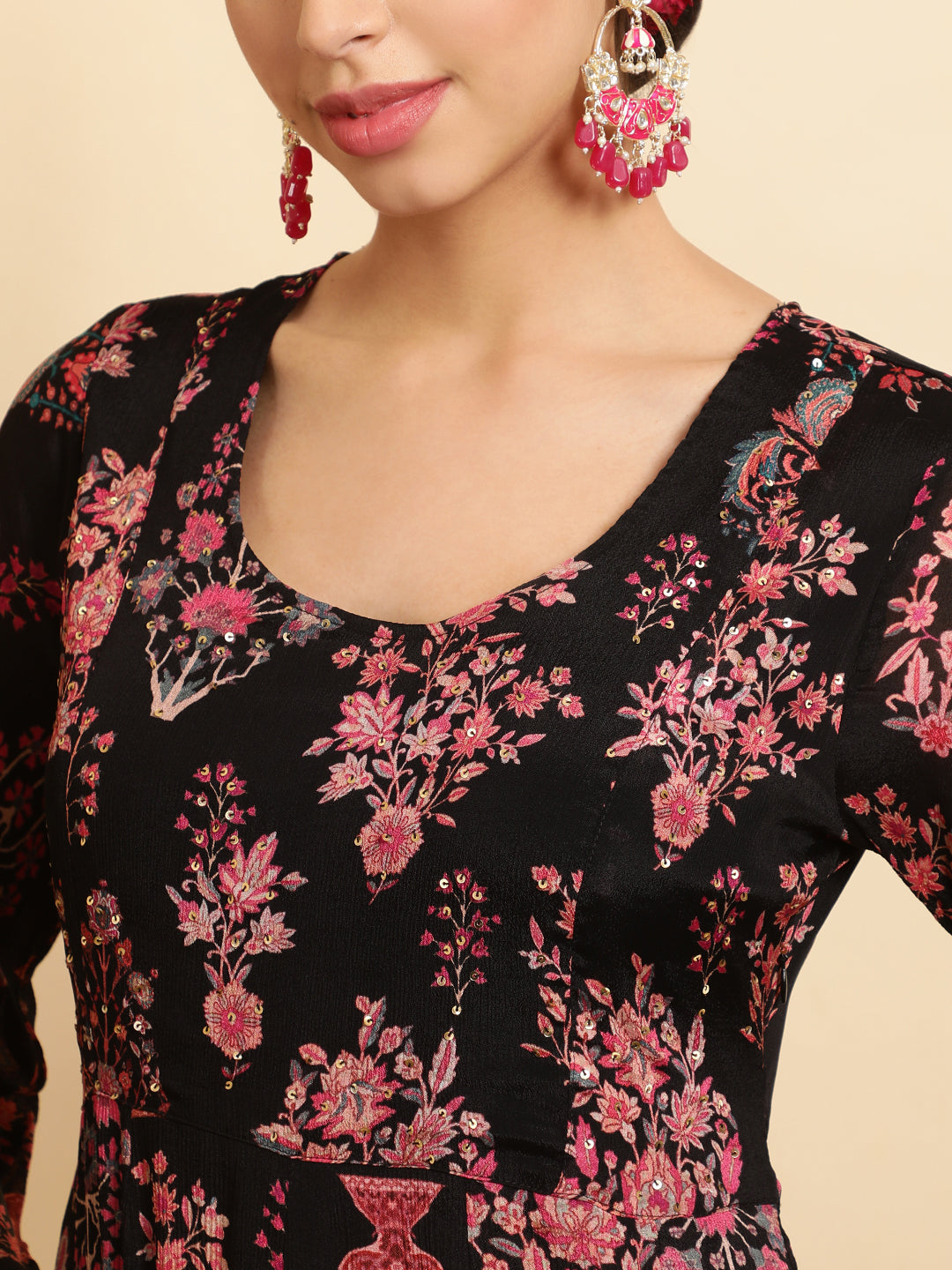 Floral Embroidered A-Line Chinon Kurta & Trousers Sets