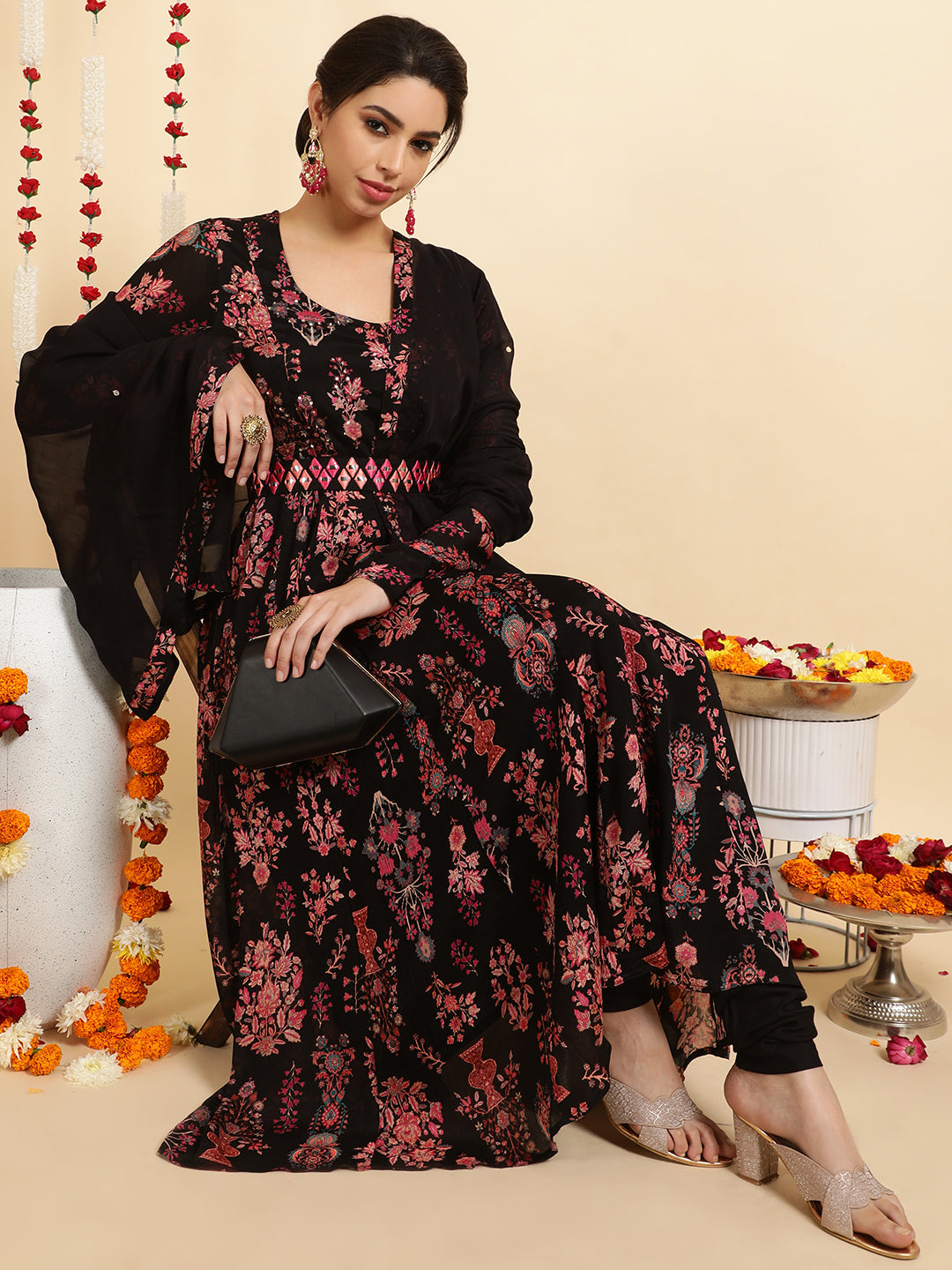 Floral Embroidered A-Line Chinon Kurta & Trousers Sets
