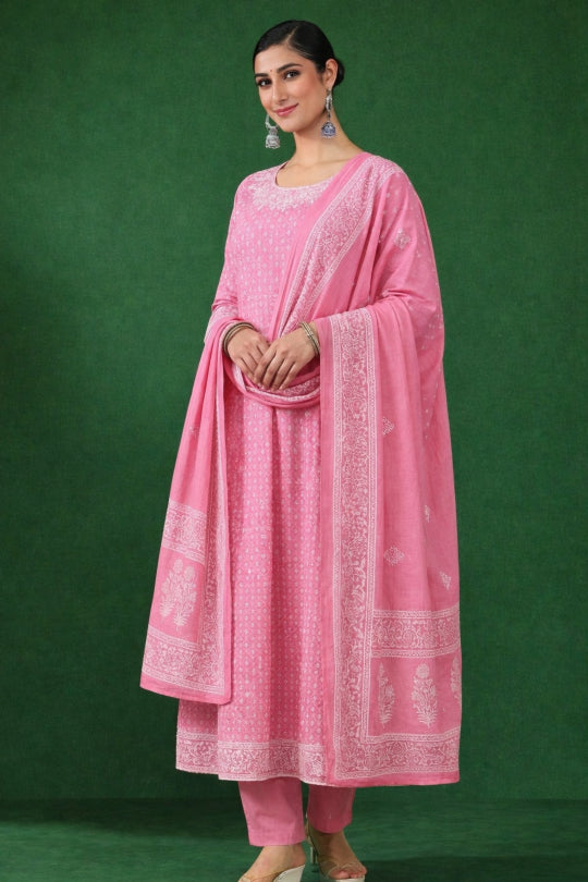 Floral Embroidered Straight Cotton Blend Kurta & Trousers Sets
