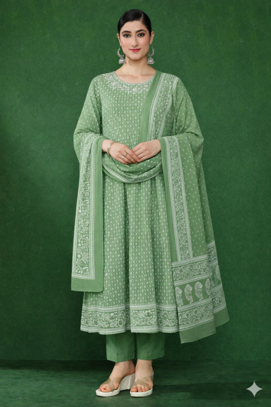 Floral Embroidered Straight Cotton Blend Kurta & Trousers Sets