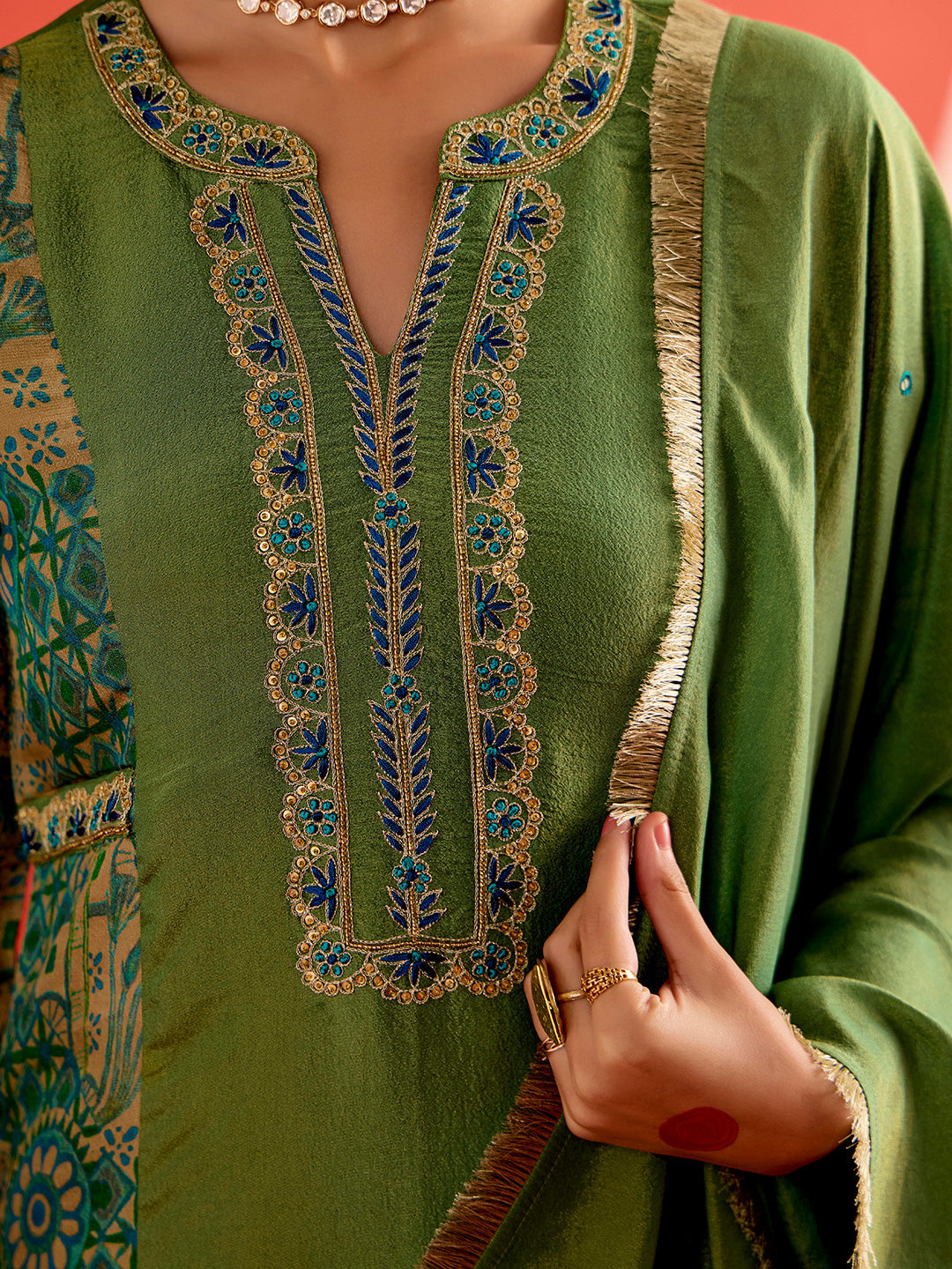 Floral Embroidered Straight Tissue Kurta & Trousers Sets