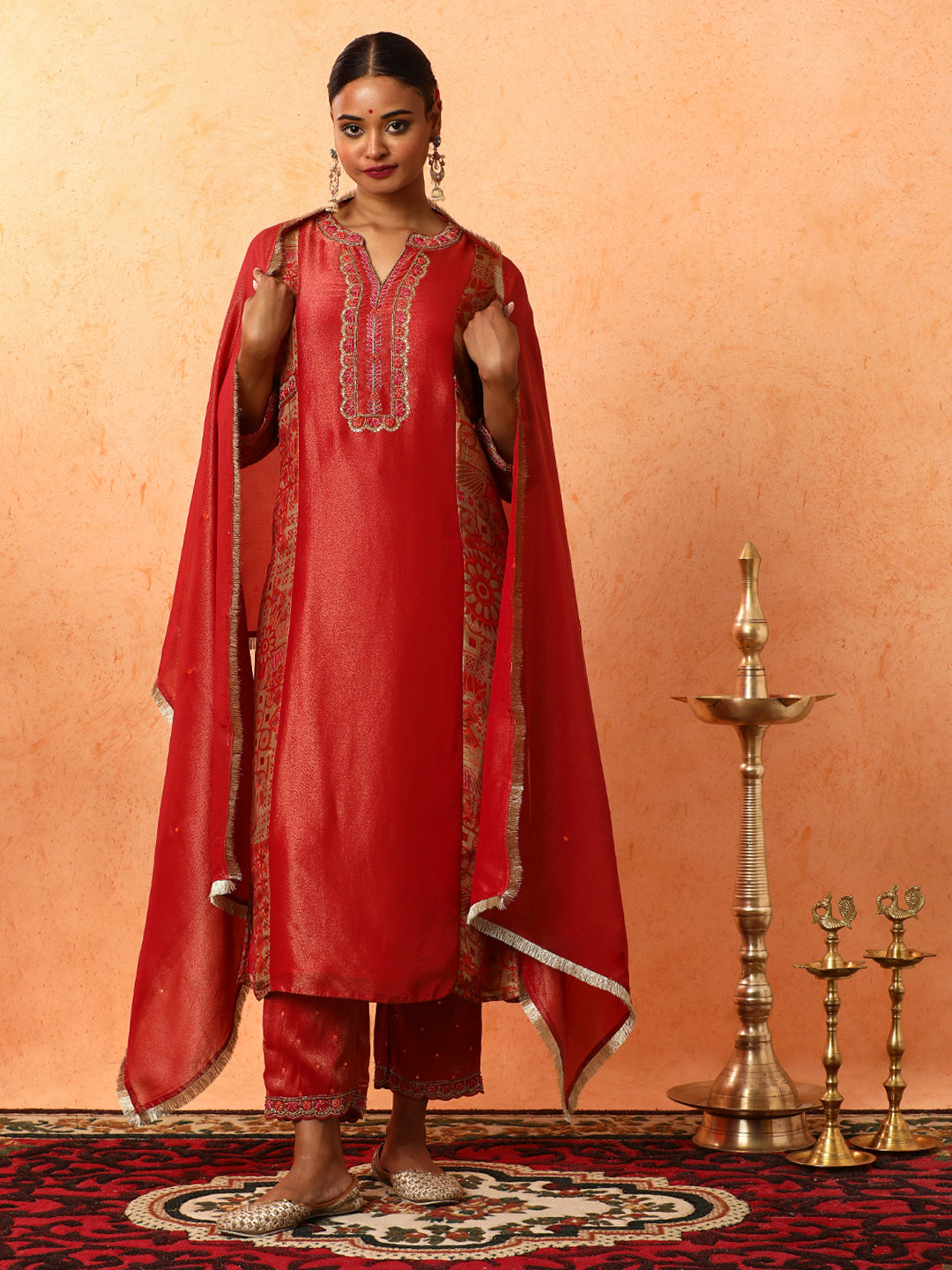 Floral Embroidered A-Line Silk Blend Kurta & Trousers Sets