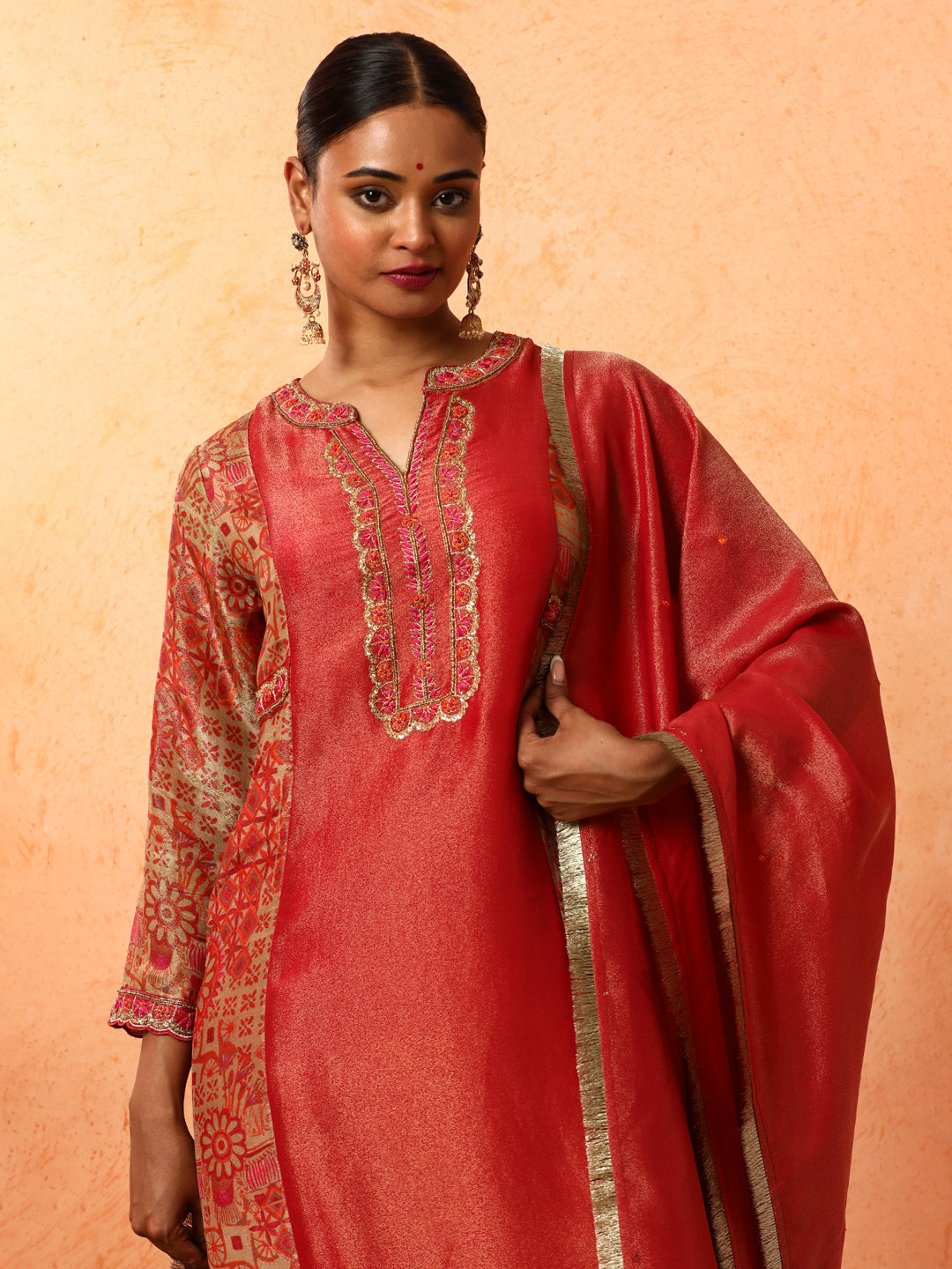 Floral Embroidered A-Line Silk Blend Kurta & Trousers Sets