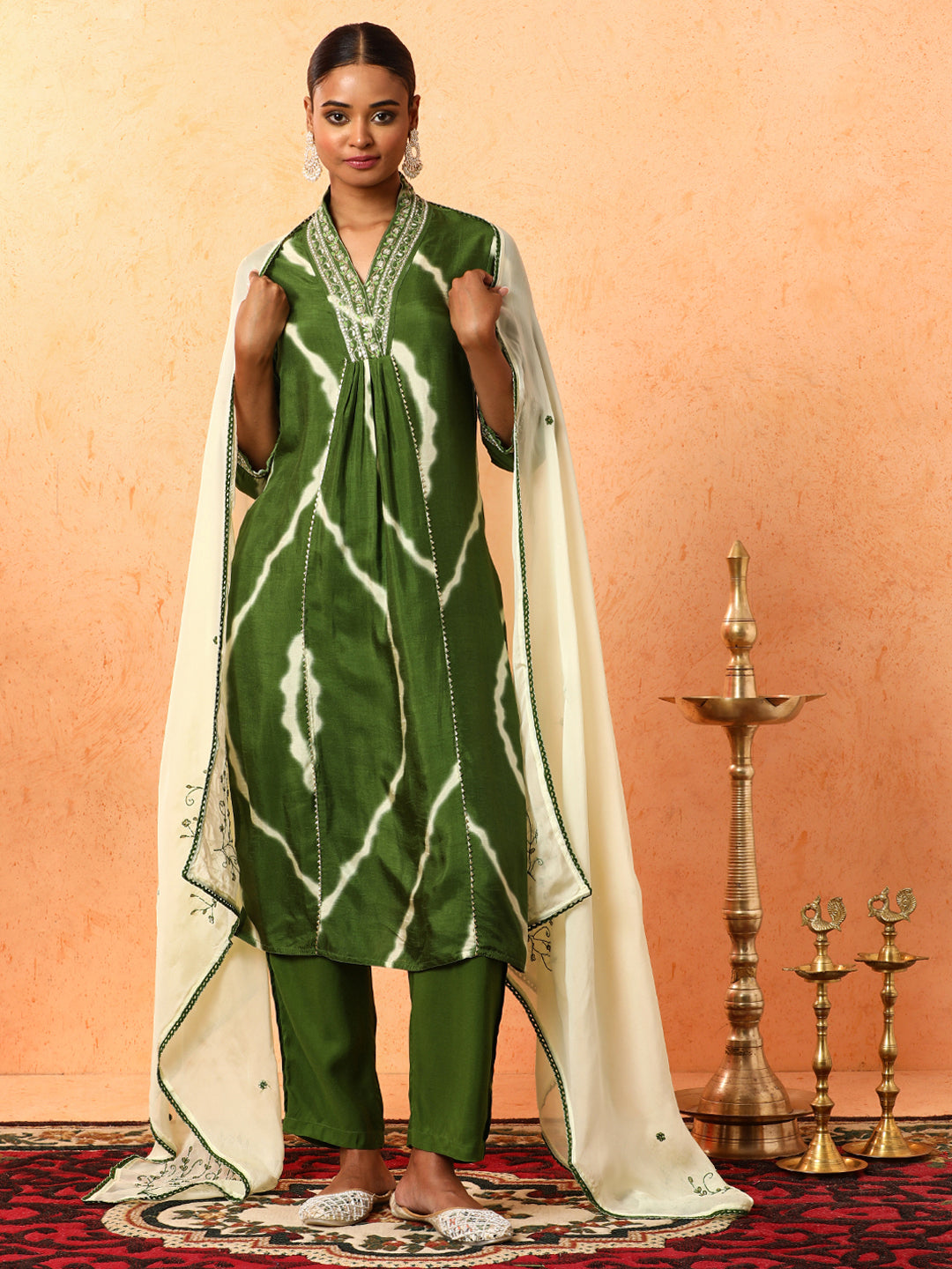 Floral Embroidered A-Line Silk Blend Kurta & Trousers Sets